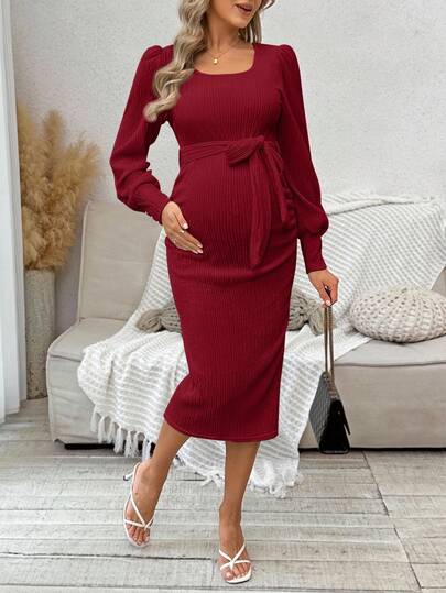 Cheriluna Maternity 孕妇针织连衣裙，长袖纯色连衣裙，弹性面料，秋冬