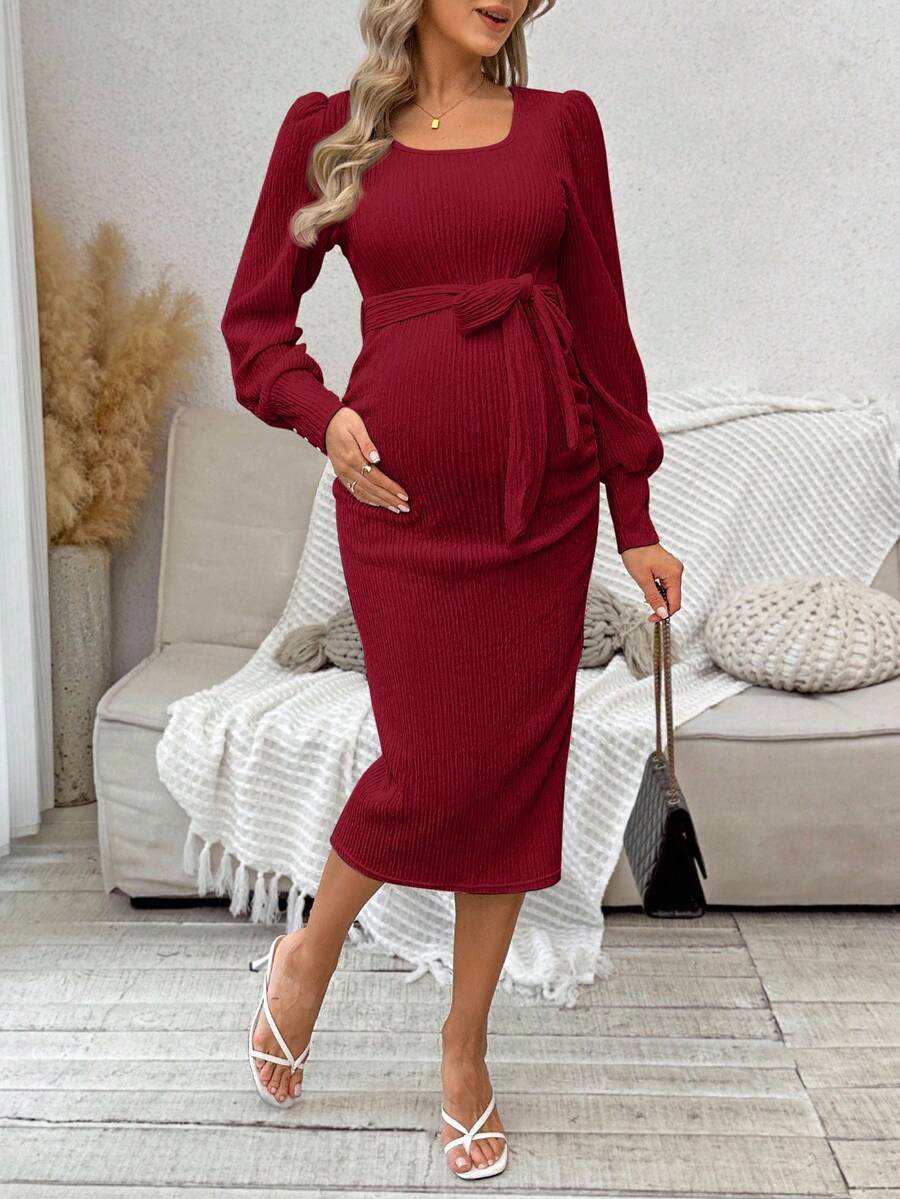 Cheriluna Maternity Váy len bà bầu, váy dài tay màu trơn, vải co giãn, thu/đông - Màu Đỏ Sâu - Xem 1