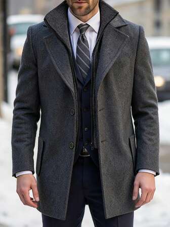 Manfinity Mode Palton bărbătesc casual cu mânecă lungă, culoare solidă, cu un singur nasture, toamnă/iarnă