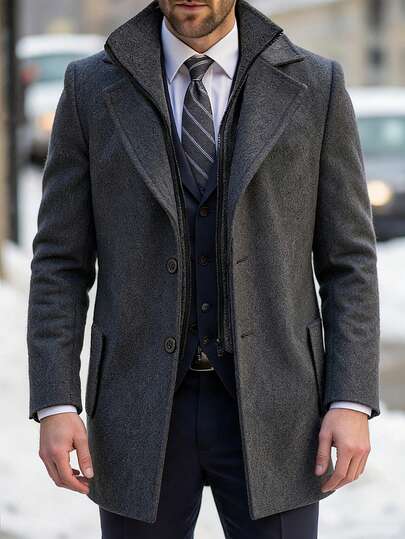 Manfinity Mode Herr långärmad enfärgad enkelknäppt överrock, höst/vinter