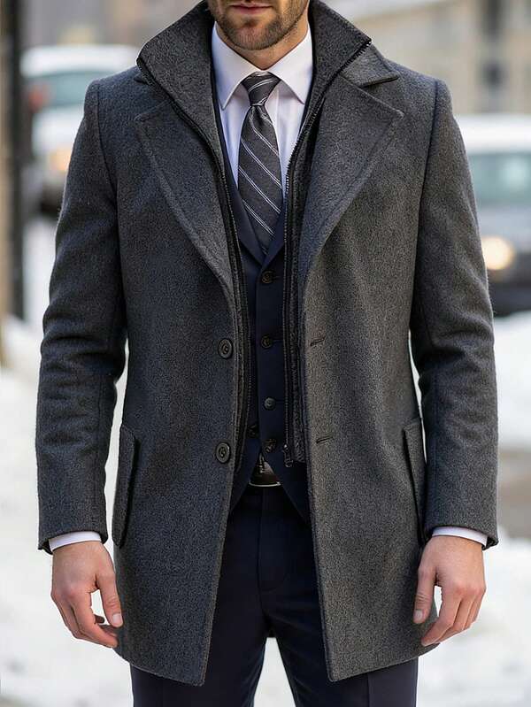 Manfinity Mode Men's Solid Color Single-Breasted Casual Jacket, Autumn/Winter Men Overcoat Men Winter Coat Grey Men Coat Men Outerwear Men Overcoat