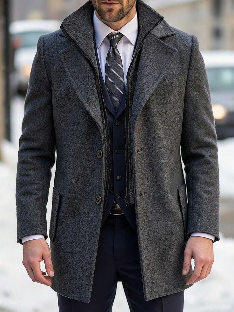 Manfinity Mode Men's Long Sleeve Solid Color Single-Breasted Casual Overcoat, Autumn/Winter