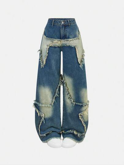 SHEIN Girlism Pantalones vaqueros anchos de pierna ancha con cintura baja, parches, flecos y bolsillos sesgados con dobladillo deshilachado, Y2K para adolescentes