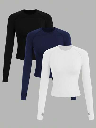 Gameset SHEIN Sport Women's Solid Color Minimalist Long Sleeve Activewear T-Shirt / Seamless / Thumb Hole