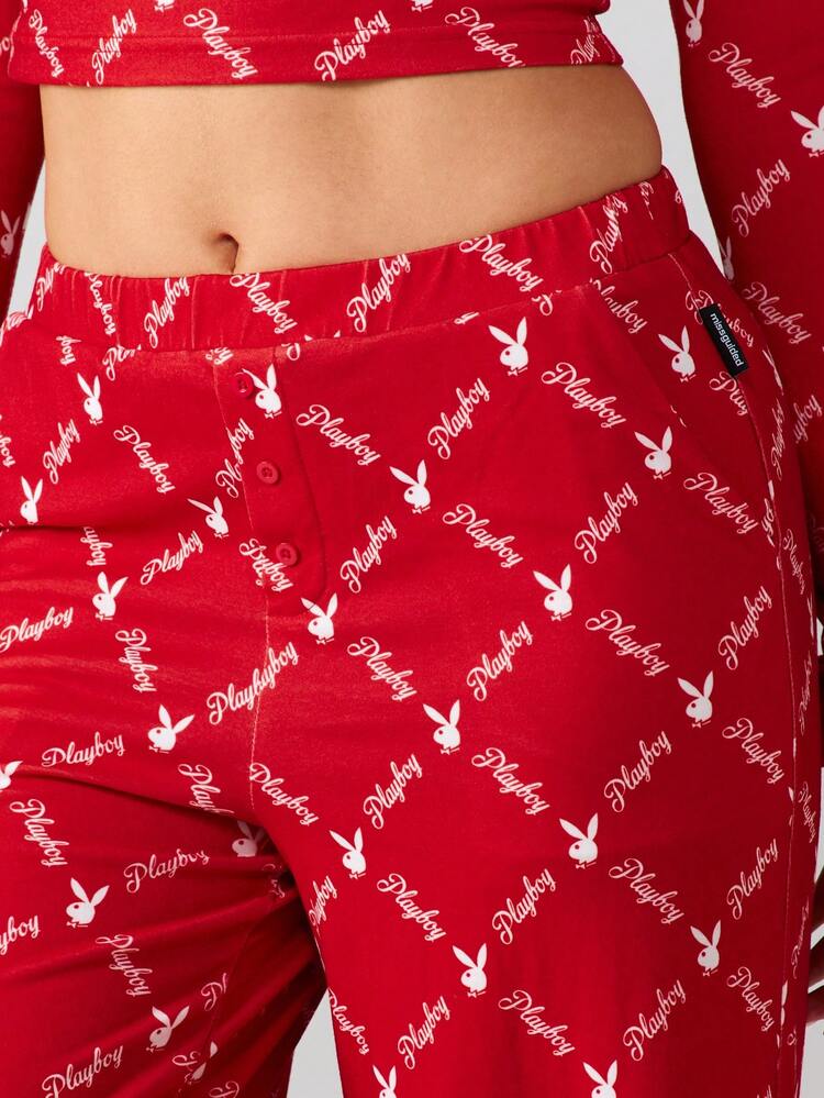 Missguided x Playboy Logo Print Lounge Set Long Sleeve Crop Top High Waist Pants Sleepwear Pajamas Loungewear