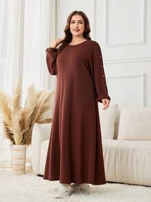 Lacomfia Knitted Ribbed Fleece Brown/Camel Casual Everyday Loose Fit Long Sleeve Dress, Relaxed Style For Plus Size Women - Brown - View 3
