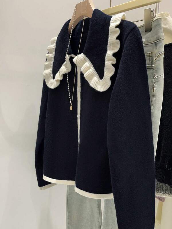 Franclia Cardigã feminino de tricô grosso com gola Peter Pan, de alta qualidade para outono/inverno.