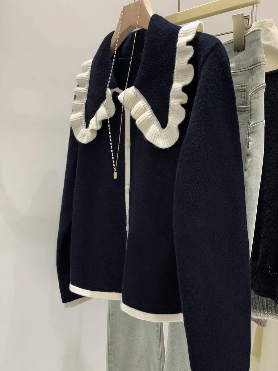 Franclia Áo khoác len cardigan cổ Peter Pan dày dặn cho nữ, chất lượng cao thời trang Thu/Đông - Màu xanh hải quân - Xem 1