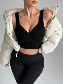 Dewbera 女士无缝黑色罗纹不可拆卸衬垫运动文胸，长款，适合秋冬季穿着 - 黑色 - 查看 5