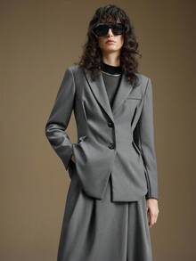 Ontre Women's Elegant Gray Business Corporate Office Suit Set,Summer Soft TR Fabric Slim Fit Blazer & Pleated A-Line Skirt,High-End Vintage Commuter Outfit - Grey - View 5