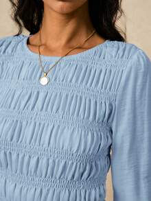 Poéselle Women's Solid Color Round Neck Long Sleeve Ruffle Hem Fashionable Blouse - Baby Blue - View 7