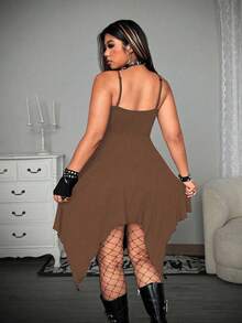 Whyspr Plus Size Asymmetrical Hem Chain Decor Punk Vacation Dress, Rave Style - Brown - View 2