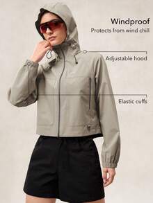 OutZeal 女式防水拉链口袋连帽短款户外防雨夹克，适合秋季徒步露营