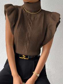 RosyDaze Women's Solid Color High Neck Cap Sleeve Ruffle Hem Fashionable Knit Sweater Vest - Coffee Brown - View 7