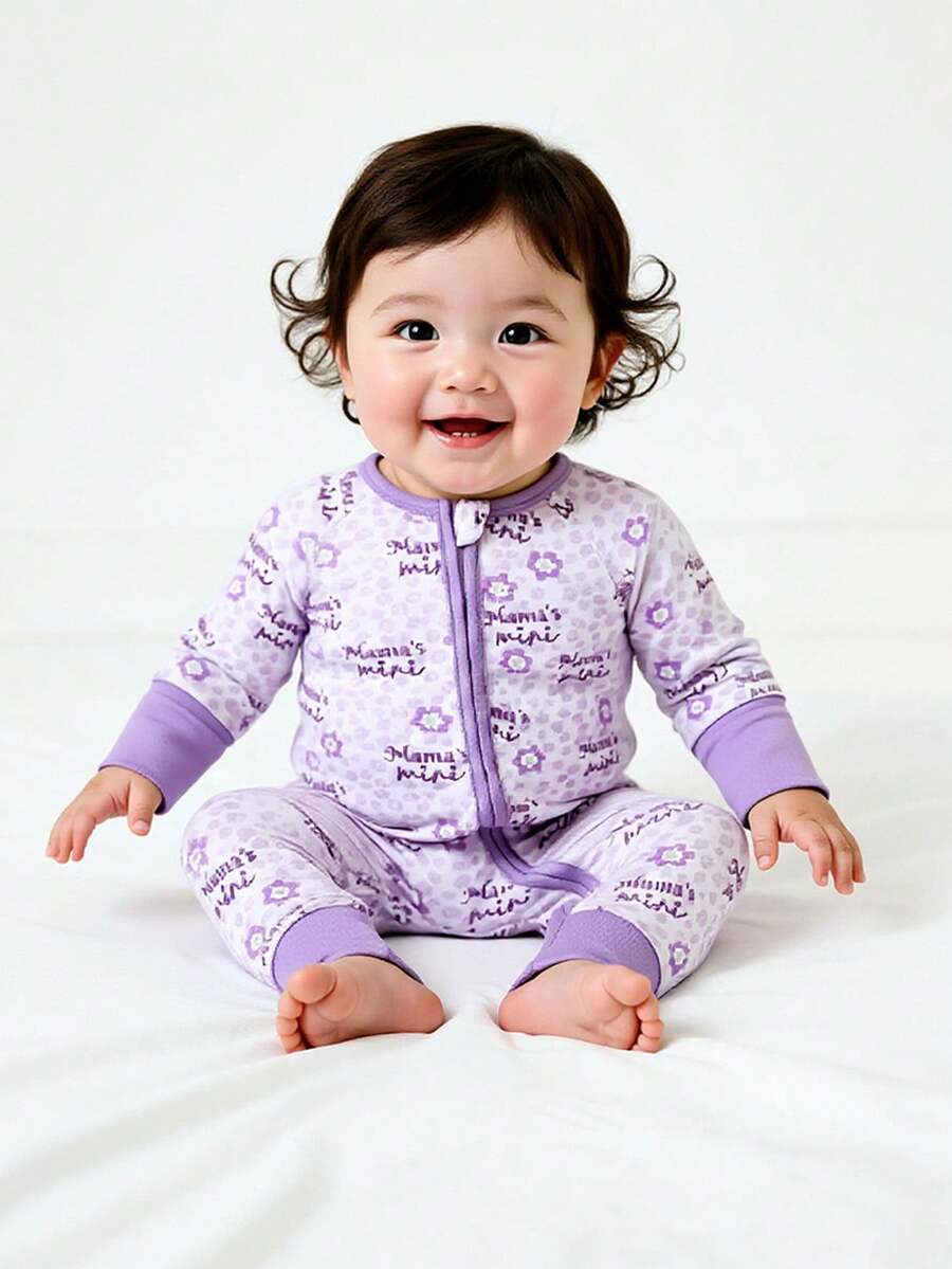 Infant & Baby Girl Purple Minimalist Lion & Letter Print Long Sleeve Jumpsuit With Zipper - Purple - View 1