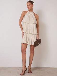 COSMINA Women's Cream Color Multi-Layer Ruffle Neck Short Autumn Winter Sexy Elegant Occasion Party Evening Christmas NYE Thanksgiving Dress - Apricot - View 5
