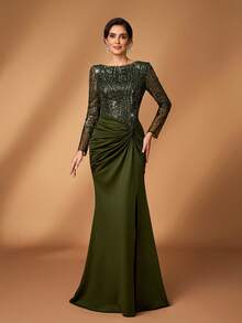 Serin Elegant Luxurious Beaded & Sequin Floral Embroidered Sheer Sleeve Twist Knot Fishtail Dress, Suitable For Weddings, Events, Bachelorette Parties, Vacations, Galas, Bridal & Mother Of The Bride Gowns - Army Green - View 2
