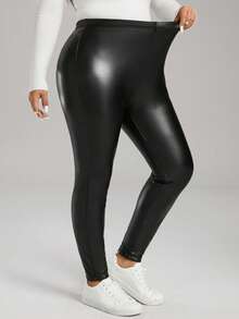 SHEIN LUNE Quần legging PU trơn màu cỡ lớn có lớp lót giữ nhiệt, ấm áp - màu đen - Xem 10