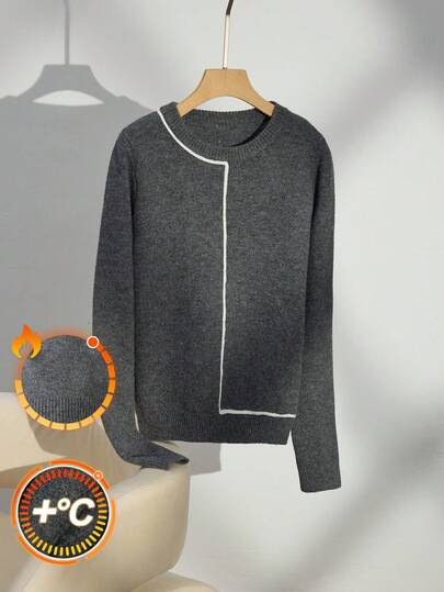 Maija Women's Crew Neck Long Sleeve Casual Versatile Sweater Fall Sweaters Fall Clothes For Women  Business Casual Woman Office Outfits For Women Sweaters Grey Top Grey Top Chic Autumn Casual Blouses For Ladies Fall Clothes For Women Casual Blouses For Ladies