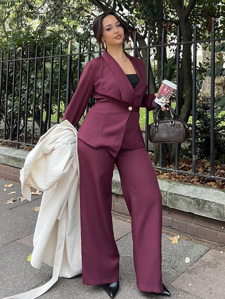NegzBox Women's Suit Set, Suit Fabric, Lapel Collar, Long Sleeve, Waist Cinched A-Line Asymmetric Hem, Metal Button Decor, Sophisticated & Elegant For Office, Commute, Street Style, French Romantic, Casual, Middle Eastern Vintage, Afternoon Tea, Party, Thanksgiving, Back To School, Autumn/Winter - Burgundy - View 1