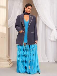 VOLUPTÉ CURVE Plus Size Summer Blue Knit V-Neck Sleeveless Layered Ruffle Fringe Deep Waist Backless Maxi Elegant Dress For Wedding, Party, Beach, Birthdays - Blue - View 5