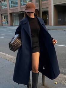 DAZY Women's Solid Color Lapel NeckLong Sleeve Loose Casual Overcoat, Autumn/Winter - Navy Blue - View 5