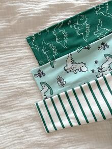 SHEIN 新生女婴休闲可爱卡通图案针织长袖睡衣套装 - 綠色 - 查看 4