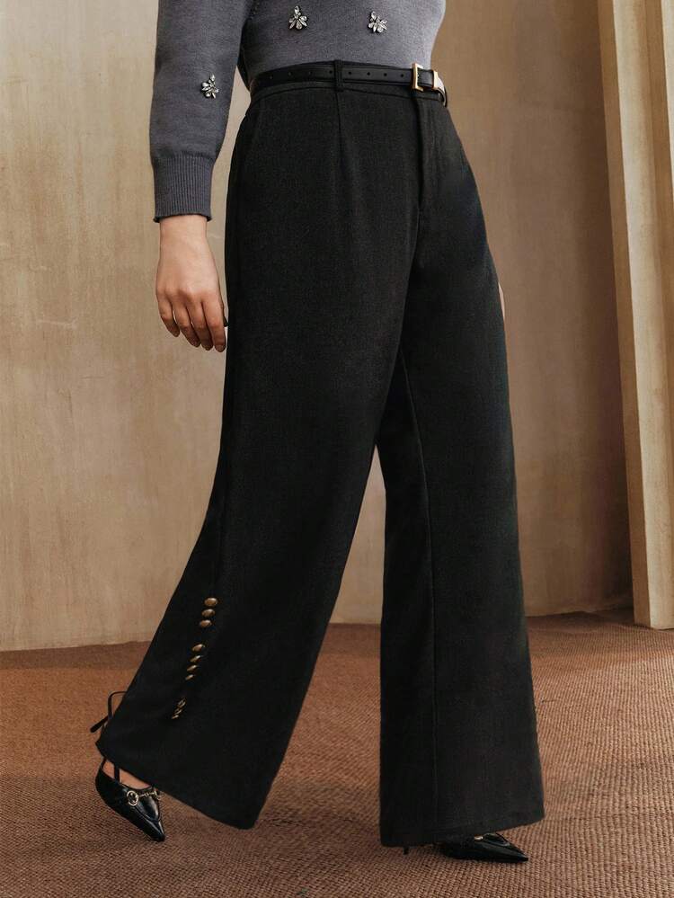 レディース エレガントなプラスサイズ カジュアルグレーパンツ メタルボタンデコレーション 秋冬