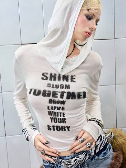 Grunge Punk Felpa con cappuccio a maniche lunghe aderente con grafica di lettere piccanti in stile Y2K per donne