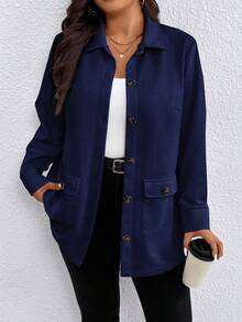 EMERY ROSE 秋季加大码女式休闲纯色多口袋外套，女式秋冬休闲纽扣前袋常规袖领宽松杏色纯色女式外套 - 藏蓝色 - 查看 1