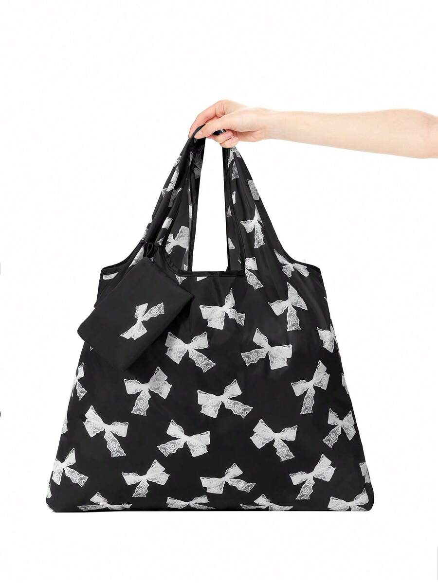 ROMWE Kawaii Bolsa de almacenamiento con estampado de lazos de moda, bolsa de compras plegable portátil de gran capacidad con monedero - Multicolor - Ver 1