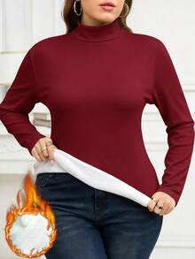 SHEIN Clasi Plus Size Women Thermal Lined Long Sleeve T-Shirt, Autumn/Winter - Red - View 1