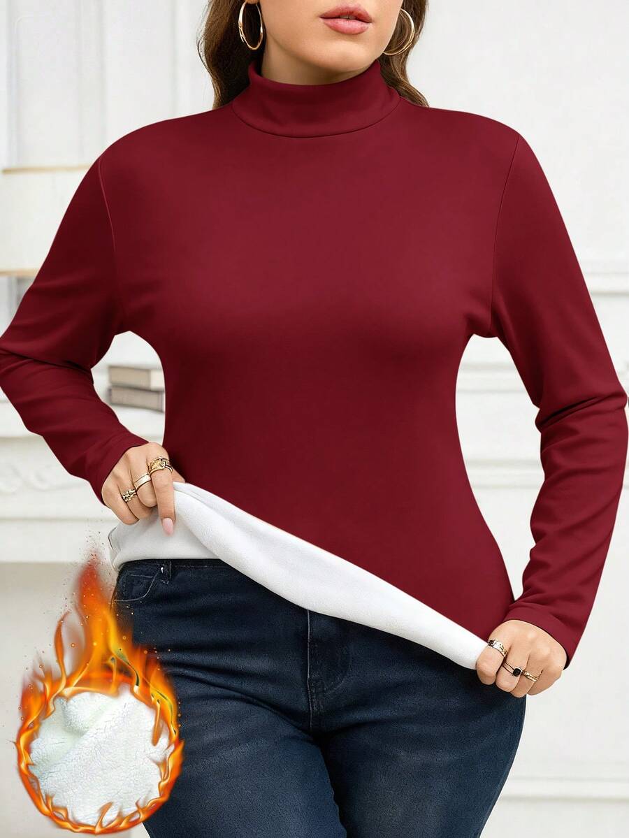 SHEIN Clasi Plus Size Women Thermal Lined Long Sleeve T-Shirt, Autumn/Winter - Red - View 1