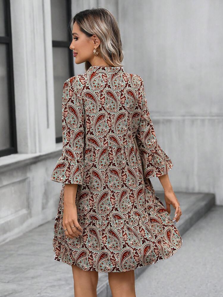 Women's Casual Paisley Print Mini Dress, Vacation Style Paisley Print Dress Tunic Dresses Boho Dress Women Long Sleeve Summer Dresses Fall Dress