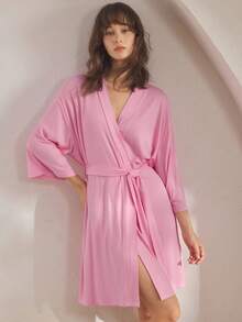 Ocili Comfortable Ribbed Soft & Smooth Robe Sleepwear For Women, Cozy Outfit, Fall & Winter - Pink - View 8