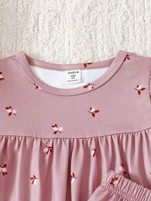 SHEIN 2 Stücke/Set Elegantes Mädchen Ditsy Blumen Rundhals Langarm Top und Hose, bequemer Pyjama Set - Pink - Übersicht 7