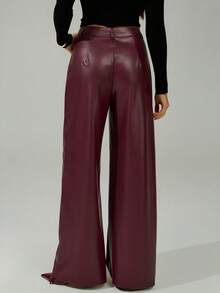 SHEIN Tall 女士酒红色皮质长裤，简约前开襟纽扣设计，日常休闲百搭，女士下装 - 酒紅色 - 查看 2