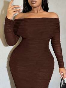SHEIN PETITE CURVE 大码女式纯色露肩长袖褶皱修身优雅连衣裙 - 棕色 - 查看 3