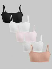 5pcs Girls' Cotton Bras, Soft & Skin-Friendly Underwear With Removable Pads, Wire-Free Suitable For Developing Girls
