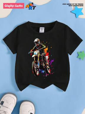 GraphicGems Young Boy Motorcycle Graphic Print Round Neck Short Sleeve Black T-Shirt Young Boys Clothing 4t