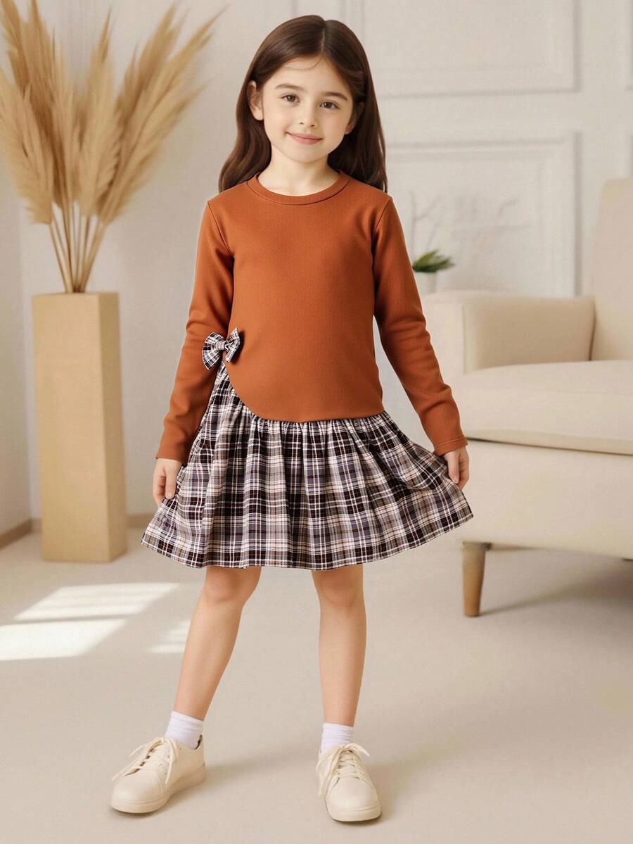 Elladie kids Young Girls Brown Vintage Plaid Patchwork Long Sleeve Dress, Fashionable Delicate Niche Style Dress, School Girl Look, Suitable For Early Autumn