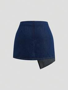 SHEIN MOD 女士金属装饰褶皱不对称下摆时尚牛仔迷你裙 - 深色水洗藍 - 查看 2