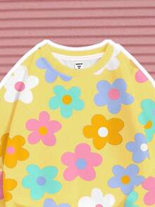 SHEIN Happikins Vibrant Yellow, Cute Dopamine Flower Pattern Young Girl Casual Minimalist Crew Neck Long Sleeve Sweatshirt And Flare Pants Set, Suitable For Autumn/Winter Fall