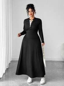 Elenzga Plus Size Women Elegant Casual Color Block V-Neck Long Sleeve Top And Skirt 2 Pieces Set - Black - View 3