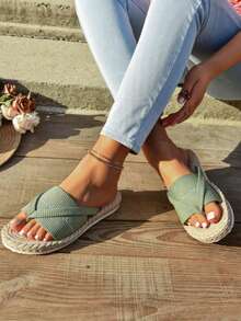 Sandalia para mujer cruzada tela tejida punta abierta sin cordón estilo bohemio casual playa verano sandalia de yute plana - Verde militar - Ver 5