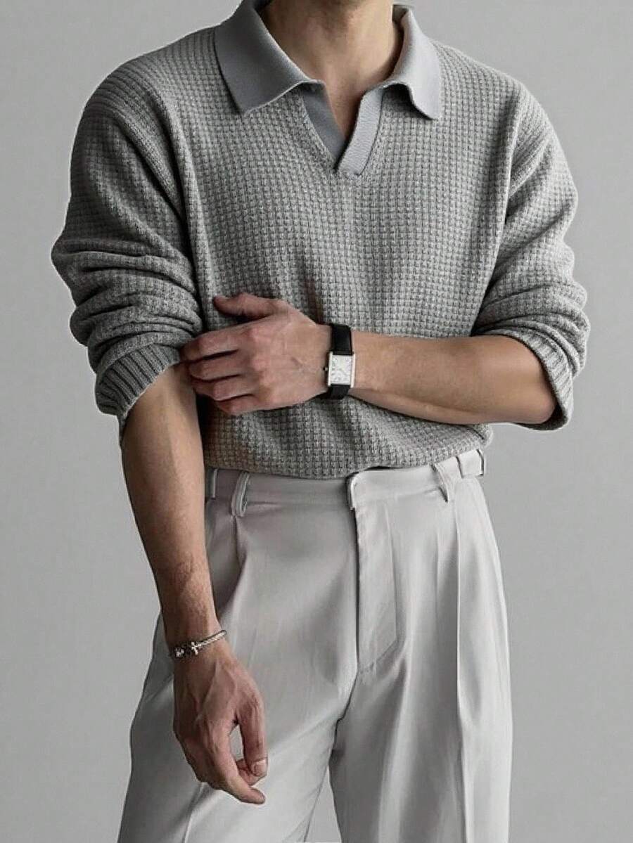 Manfinity Homme 男士休闲日常通勤简约纯色纹理V领毛衣,秋冬季适合聚会、办公室、居家、通勤和户外活动,长袖上衣 - 灰色 - 查看 1