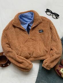 SHEIN EZwear 抓绒贴花高领半拉链口袋休闲长袖毛绒套头短款卫衣 - 駝色 - 查看 3