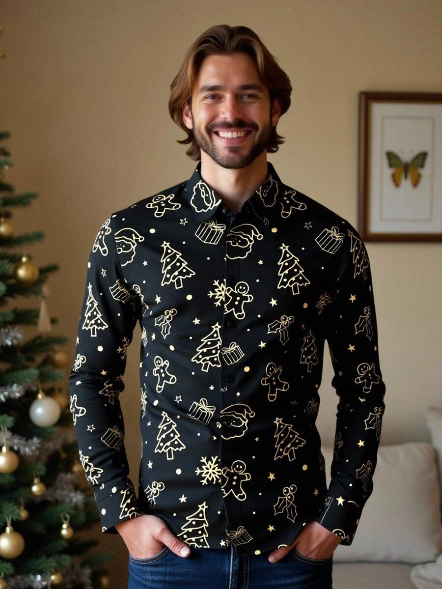 Manfinity VCAY Men's Long Sleeve Gingerbread Man All-Over Print Button-Front Casual Christmas Shirt Treaty Oak Revival - Black - View 1