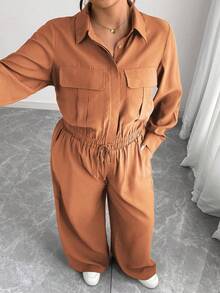 Elenzga Áo sơ mi tay dài màu nâu trơn cổ bẻ, viền chun, phong cách Pháp lãng mạn Sicily thanh lịch, trang nhã, đi làm, nghỉ dưỡng cỡ lớn, mùa xuân/thu/đông, quần túi hộp cạp chun, thời trang đi làm thường ngày, đi chơi - Rỉ Nâu - Xem 4