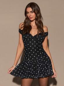 SHEIN BAE Women's Polka Dot Print Minimalist Daily Wear Off Shoulder Dress,Spring,Summer Dress,Spring Outfit Women ,Summer Outfit For Women, Valentine's Day,Valentine Outfits For Women ,Elegant ,Vacation Outfits Women ,Summer Holiday Outfits ,Casual,Beach Outfit For Women,Polka Dot Dress, - Black - View 5